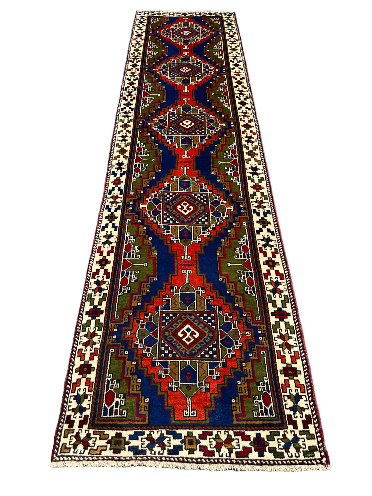 El Dokuma Taşpınar Halısı 90x350 Kiremit Kırmızı Lacivert Yolluk