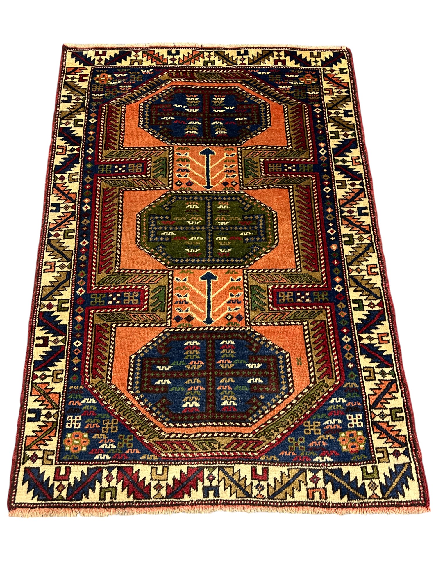 El Dokuma Taşpınar Halısı 102x150 Kiremit Lacivert Yeşil Yün Halı