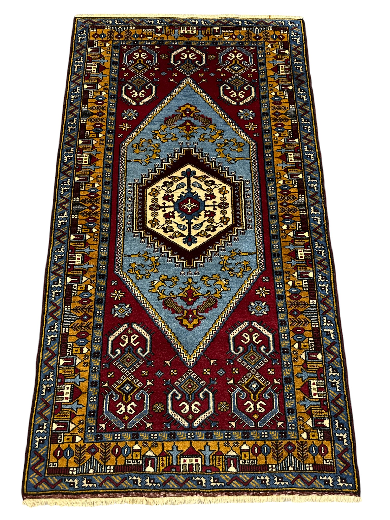 El Dokuma Turkuaz Özel Yahyalı Halısı 98x180 Kök Boya %100 Yün